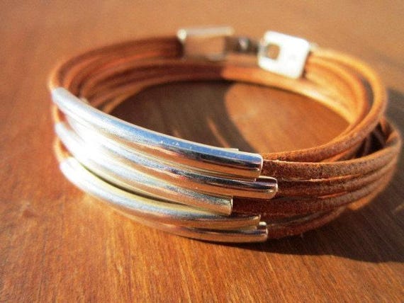 Bohemian Leather and Silver Beaded Bracelet Jewelry • Handmade Personalized Jewelry Gifts • Custom Bracelet Gift for Her by Kekugi