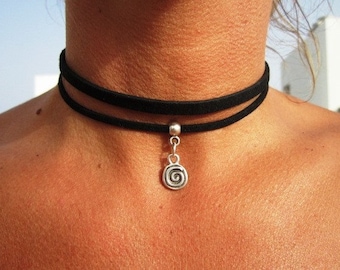 Leather Choker necklace, choker necklace, silver necklace, spiral necklace, silver jewelry, charm necklace