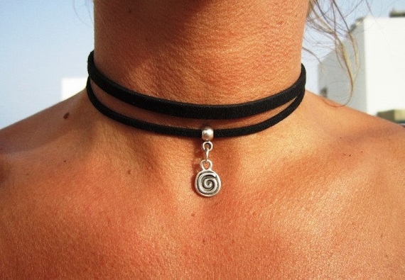 Leather Choker Necklace with Spiral Charm  Silver Jewelry for Women  Unique Bohemian Style