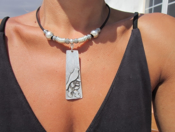 Bird statement boho chic silver pendant necklace, bohemian jewelry, boho chic jewelry, leather handmade jewelry by kekgui
