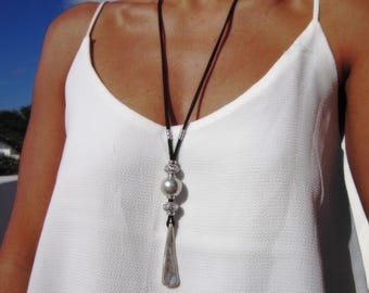 Boho Leather and Silver Beaded Pendant Necklace • Long Statement Chunky Charm Necklace Gift for Her • Bohemian Jewelry by kekugi