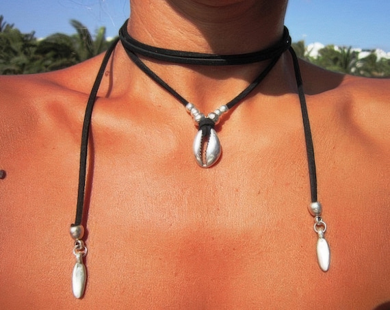 Handmade Leather Choker Shell Necklace Gift for Her • Unique Couples Necklace Personalized Jewelry