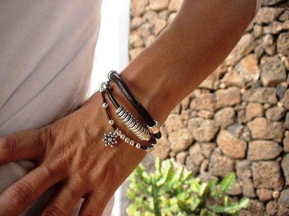 Bohemian Leather and Silver Beaded Bracelet Jewelry • Handmade Personalized Jewelry Gifts • Custom Bracelet Gift for Her by Kekugi