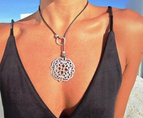 Mandala Y Necklace  Silver Lariat Pendant  Bohemian Jewelry for Women