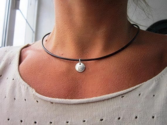 Dainty leather choker necklace • Silver Beaded custom initial Necklace with Pendant Charm • Best selling items Custom Gift for her