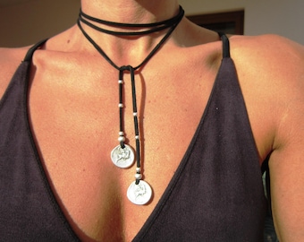 Boho Leather and Silver Beaded Pendant coin Necklace • Long Statement Chunky Charm Necklace Gift for Her • Bohemian Jewelry Gift for Host