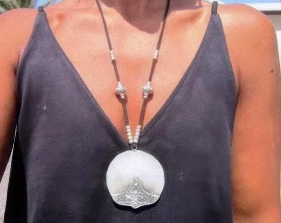 Statement Silver Chunky Pendant leather Necklace • Bohemian Neotribal Jewelry • Custom necklace Best Selling Items • Host Gift for Her