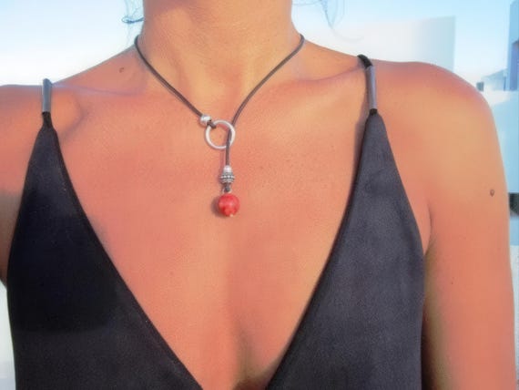 Handmade Couples red coral  Necklace • Y lariat Birth Stone Necklace  • Personalized Jewelry Gift for Her • Birthday Gift for mom or Mama