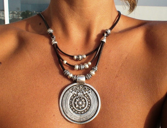 Women's leather ethnic necklace, tribal brown leather necklace with silver, ethnic pendant, boho jewelry trend