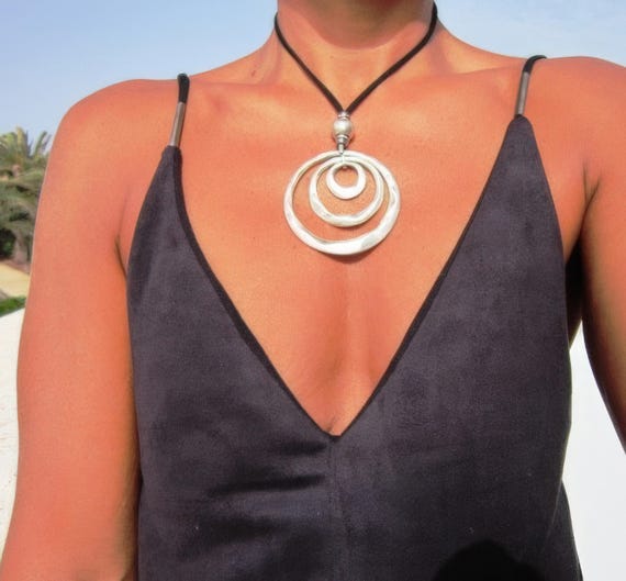 Statement Silver Chunky Pendant leather Necklace • Bohemian Jewelry Gift for Her