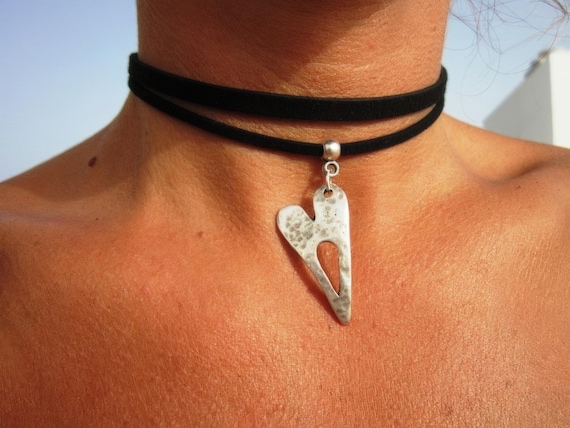 Silver Beaded and Leather Choker Necklace  with heart charm  • Handmade personalized jewelry