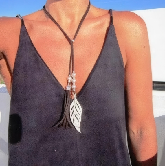 Bohemian feather necklace • Statement Charm Y Lariat Necklace • Silver Beaded Necklaces for Women • Personalized Jewelry Gifts Top sellers