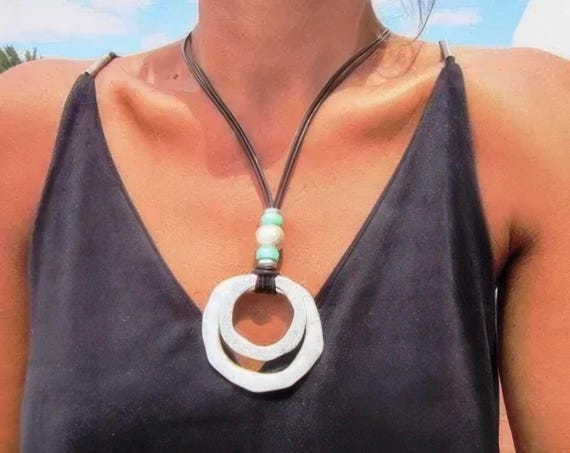 Boho Leather and Silver Beaded Pendant Ring Necklace • Long Statement Chunky Charm Necklace Gift for Her • Bohemian Jewelry Gift for Her