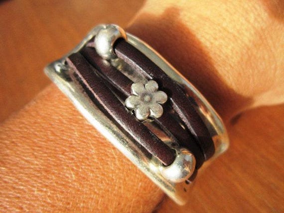 Bohemian Leather and Silver Beaded Bracelet Jewelry • Handmade Personalized Jewelry Gifts • Custom Bracelet Gift for Her by Kekugi