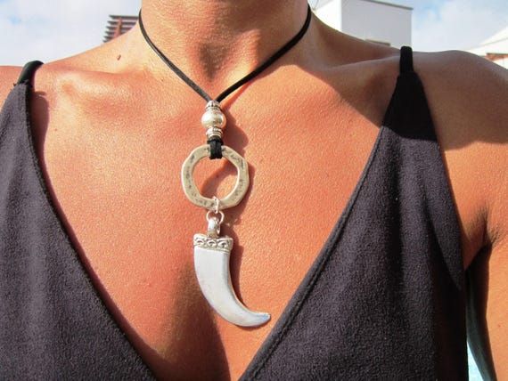 Boho Leather and Silver Beaded Tusk Pendant Necklace • Long Statement Chunky Charm Necklace Gift for Her • Bohemian neotribal Jewelry