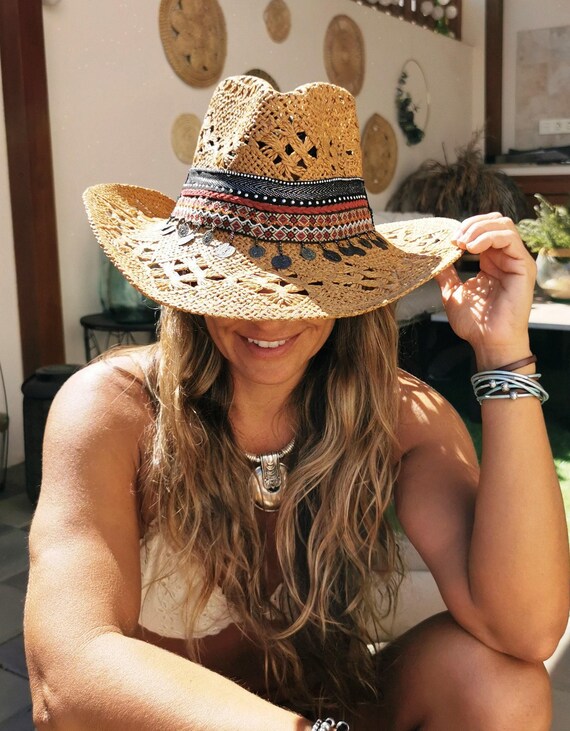 Cowboy straw Hat for Bride or bachelorette party, Coastal cowgirl hat, Handmade hats Bohemian festival Summer Accessory