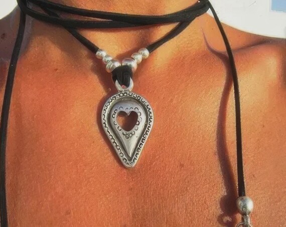 Boho Leather and Silver Beaded Pendant Heart Necklace • Long Statement Chunky Charm Necklace Gift for Her • Bohemian Jewelry Galentine Gift