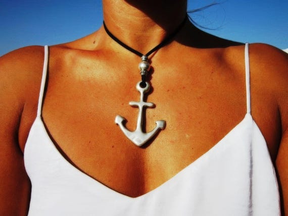 Anchor pendant nautical necklace, leather necklaces for women, long pendant necklace, anchor necklace, leather cord necklace