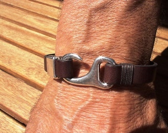 Fish hook Silver and Leather mens bracelet, friendship couples bracelet, men cuff bracelet, handmade silver mens jewelry, gifts for men