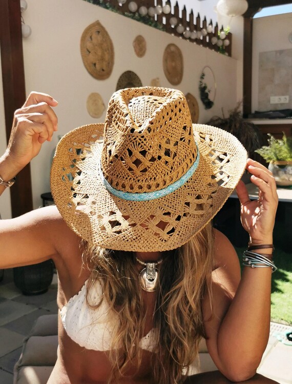 Turquoise Crochet Cowboy Bucket Hat, bride Straw Hat Gift for Her, Custom Hat Birthday Custom Personalized Gifts by kekugi bohemian jewelry