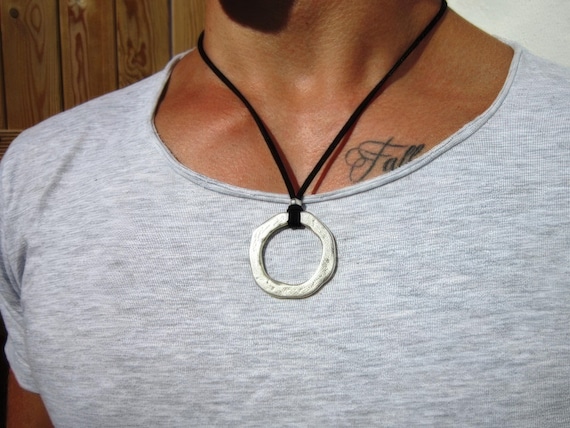 silver ring Mens Necklace Leather Pendant Necklace – Handmade Jewelry Gift for Him Personalized Jewelry by Kekugi