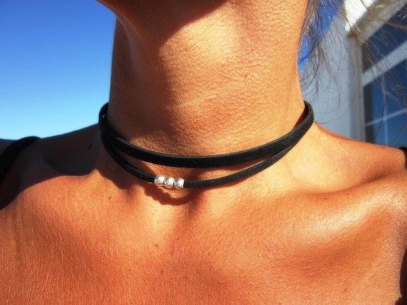 50% off Trendy leather choker, leather and silver beaded necklace, Bohemian jewelry, choker necklace