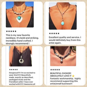 The image is a collage of four photos featuring necklaces with different designs and materials. The necklaces appear to be handmade and have a bold and striking appearance. The necklaces are described as "incredibly handcrafted" and "excellent quality and service." The necklaces are also referred to as "gorgeous!" and "absolutely love it." The overall impression is that these necklaces are of high quality and would be recommended to others.