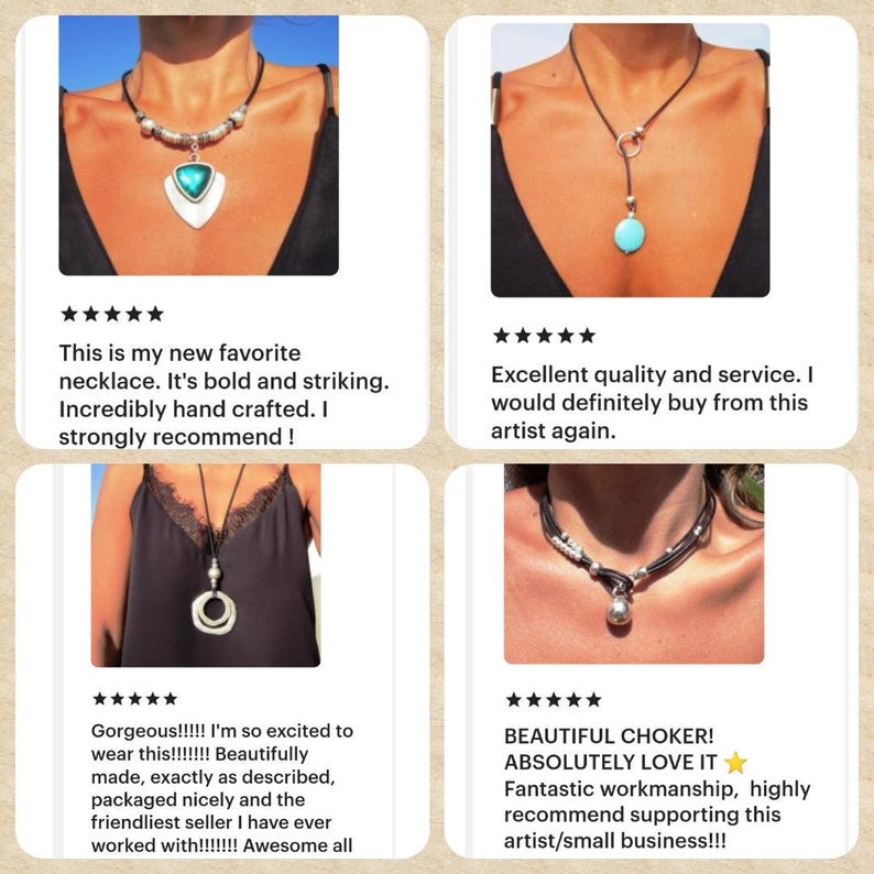 The image is a collage of four photos featuring necklaces with different designs and materials. The necklaces appear to be handmade and have a bold and striking appearance. The necklaces are described as "incredibly handcrafted" and "excellent quality and service." The necklaces are also referred to as "gorgeous!" and "absolutely love it." The overall impression is that these necklaces are of high quality and would be recommended to others.