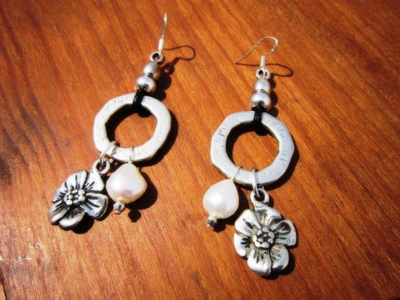 Sterling Silver hook flower earrings dangle • Beaded Drop Boho Earrings • Dainty Cute Handmade jewelry Gift for Her by kekugi