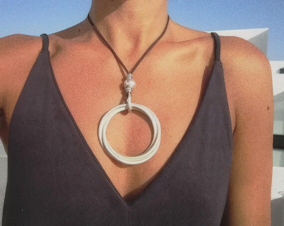 Boho Leather and Silver Beaded Pendant Ring Necklace • Long Statement Chunky Charm Necklace Gift for Her • Bohemian Jewelry Gift for Host