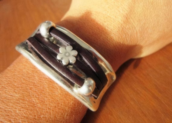 Bohemian Leather and Silver Beaded Bracelet Jewelry • Handmade Personalized Jewelry Gifts • Custom Bracelet Gift for Her by Kekugi