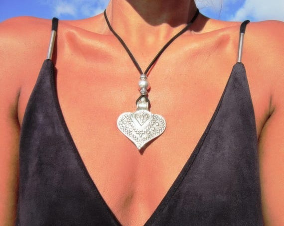 Heart Pendant Long Necklace  Bohemian Beaded Jewelry  Boho Style