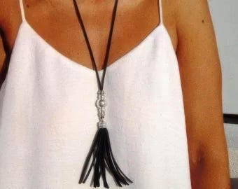 Silver Beaded Leather Tassel Necklace • Long Boho Pendant