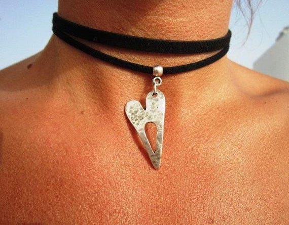 Silver Beaded and Leather Choker Necklace  with heart charm  • Handmade personalized jewelry