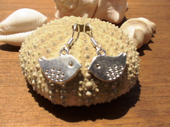 Statement drop beaded bird silver earrings, personalized jewelry gift for her, Drop beaded boho earrings dangle, Handmade jewelry by kekugi