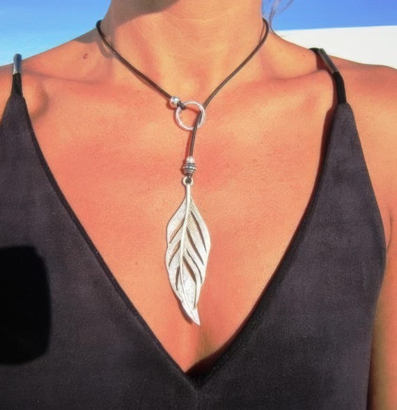 Statement Feather Charm Y Lariat Necklace • Silver Beaded Necklaces for Women • Personalized Jewelry Gifts Best selling items • Gift for Her