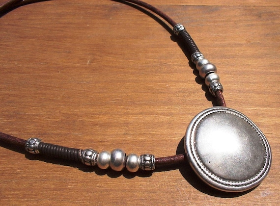 Leather and Silver Beaded Necklace with Boho Charm • Bohemian Handmade jewelry • Necklaces for Women • Personalized Jewelry Gift for Her