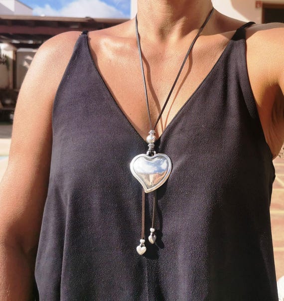 Custom Statement Silver Beaded Necklace with Heart Pendant Charm Couples necklace • Best selling items Personalized Jewelry • Gift for Her