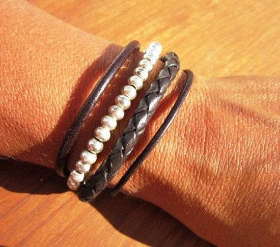 Leather & Silver Charm Beaded Bracelet • Handmade Jewelry Gift for Her • Custom Bracelet Gift • Personalized Jewelry Gifts by Kekugi