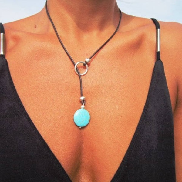 resin turquoise leather necklace, lariat necklace, y shapped necklace, turquoise jewelry, y silver necklace, bohemian jewelry