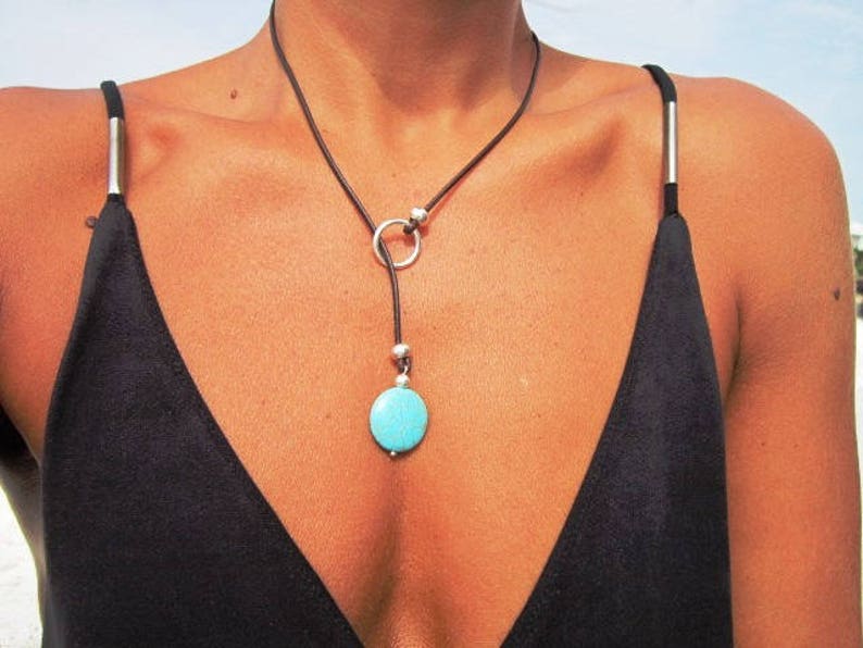 resin turquoise leather necklace, lariat necklace, y shapped necklace, turquoise jewelry, y silver necklace, bohemian jewelry image 1