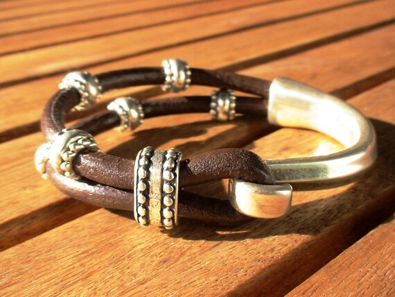 Bohemian Leather and Silver Beaded Bracelet Jewelry • Handmade Personalized Jewelry Gifts • Custom Bracelet Gift for Her by Kekugi