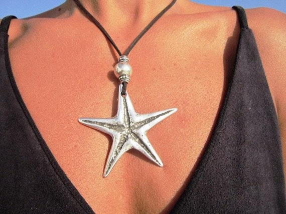 long pendant necklace, starfish pendant, starfish necklace, long necklace boho, long necklace silver, long statement necklace