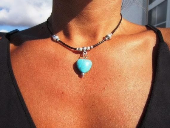 Couples Beaded Necklace with Silver Heart turquoise Pendant Charm • Bohemian jewelry Necklaces for Women • Personalized Jewelry Gift for Her