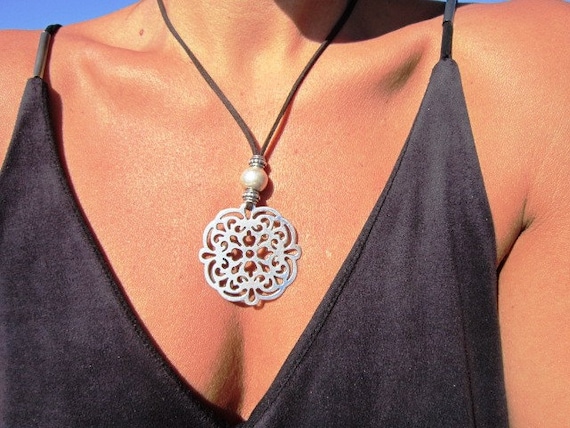 mandala pendant, long pendant necklace, long necklace boho, long necklace silver, long statement necklace, long statement necklace