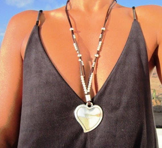 unique jewelry heart necklace, silver pendant beaded necklace, women choker, choker necklace, silver heart, pendant necklaces
