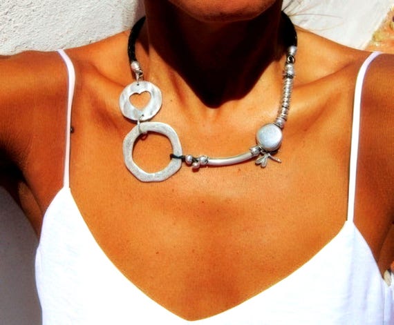 Couples Beaded Necklace with Silver Heart Pendant Charm • Bohemian Handmade jewelry Necklaces for Women • Personalized Jewelry Gift for Her