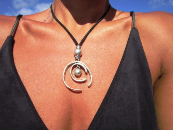 Statement Silver Chunky Pendant leather Necklace • Bohemian Jewelry Gift for Her • Boho Necklace