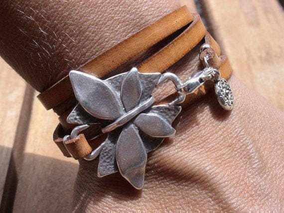 Silver & Leather Custom butterfly Bracelet Gift for Her • Personalized Handmade Jewelry Gift • Beaded Charm Bracelet Personalized Gifts
