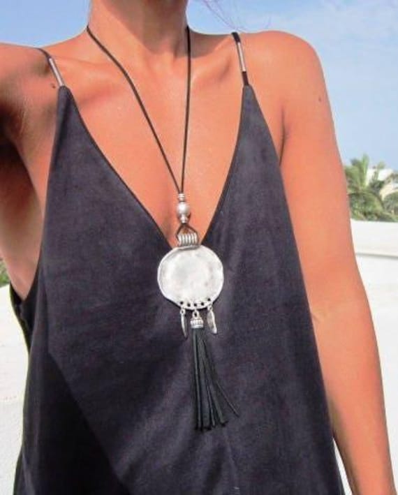 Statement Silver Chunky Pendant leather Necklace • Bohemian Jewelry Best Selling Items • Gift for Her • Neotribal Jewelry Boho Necklace